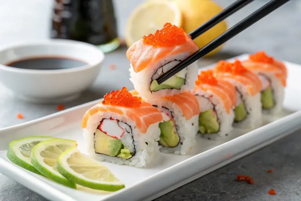 A close-up of an Alaska roll topped with salmon and fish roe, with one piece being lifted by chopsticks, accompanied by lime slices and soy sauce.