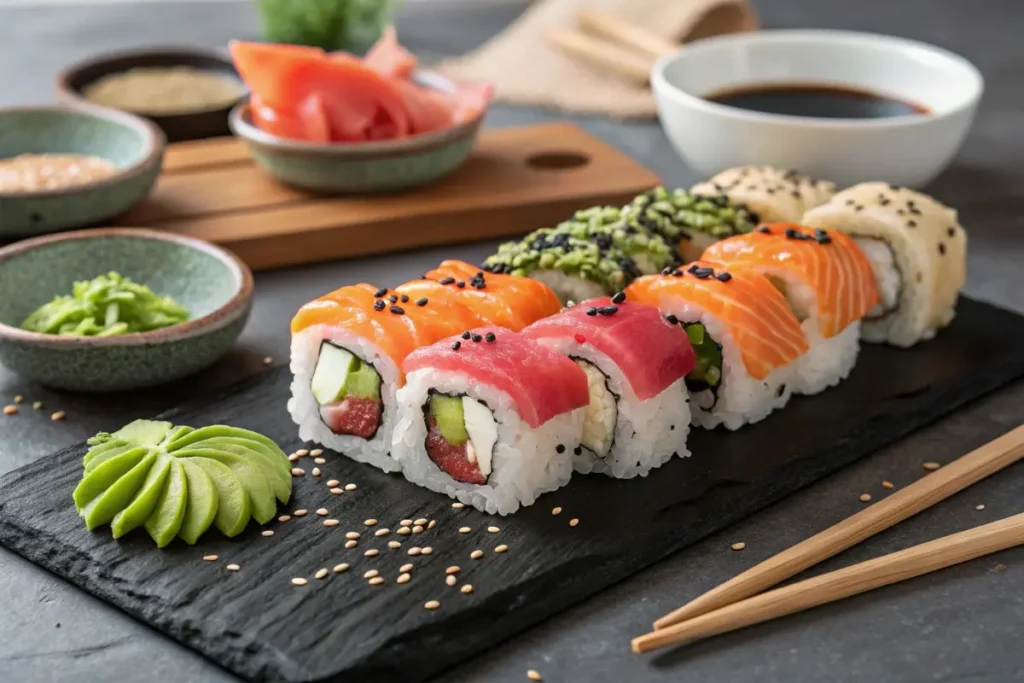 A platter of assorted sushi rolls, including salmon, tuna, and avocado rolls, garnished with sesame seeds and served with wasabi, pickled ginger, and soy sauce.