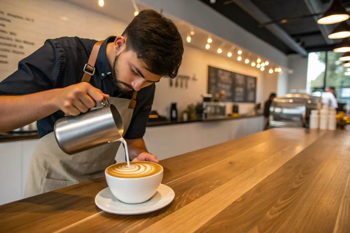 A skilled barista pouring milk into a large cup of coffee to create latte art, set in a modern café environment with warm lighting and a wooden countertop.