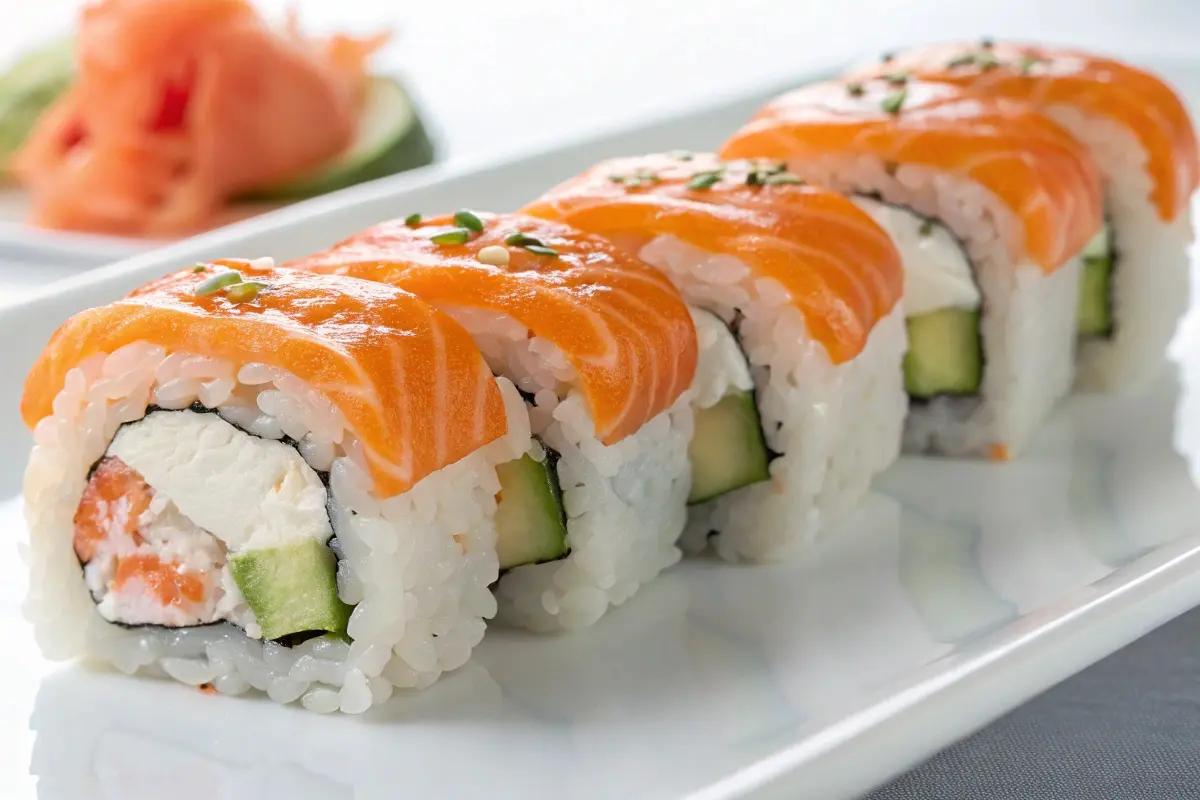 A close-up of Alaska rolls topped with fresh salmon slices, filled with creamy cheese, cucumber, and rice, served on a white plate.