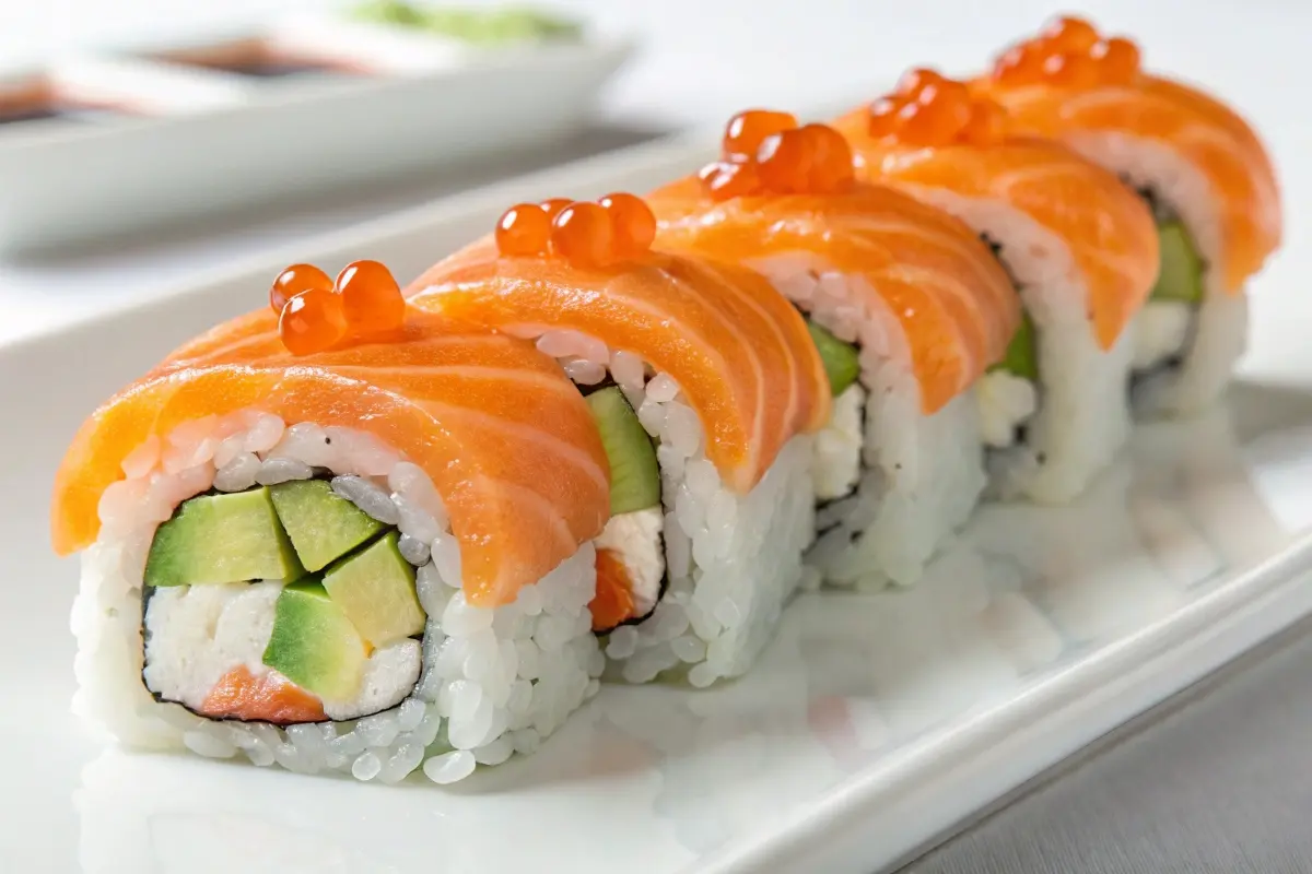 A close-up of Alaska rolls topped with fresh salmon and fish roe, filled with avocado, crab, and rice, served on a white plate for a delicious sushi presentation.