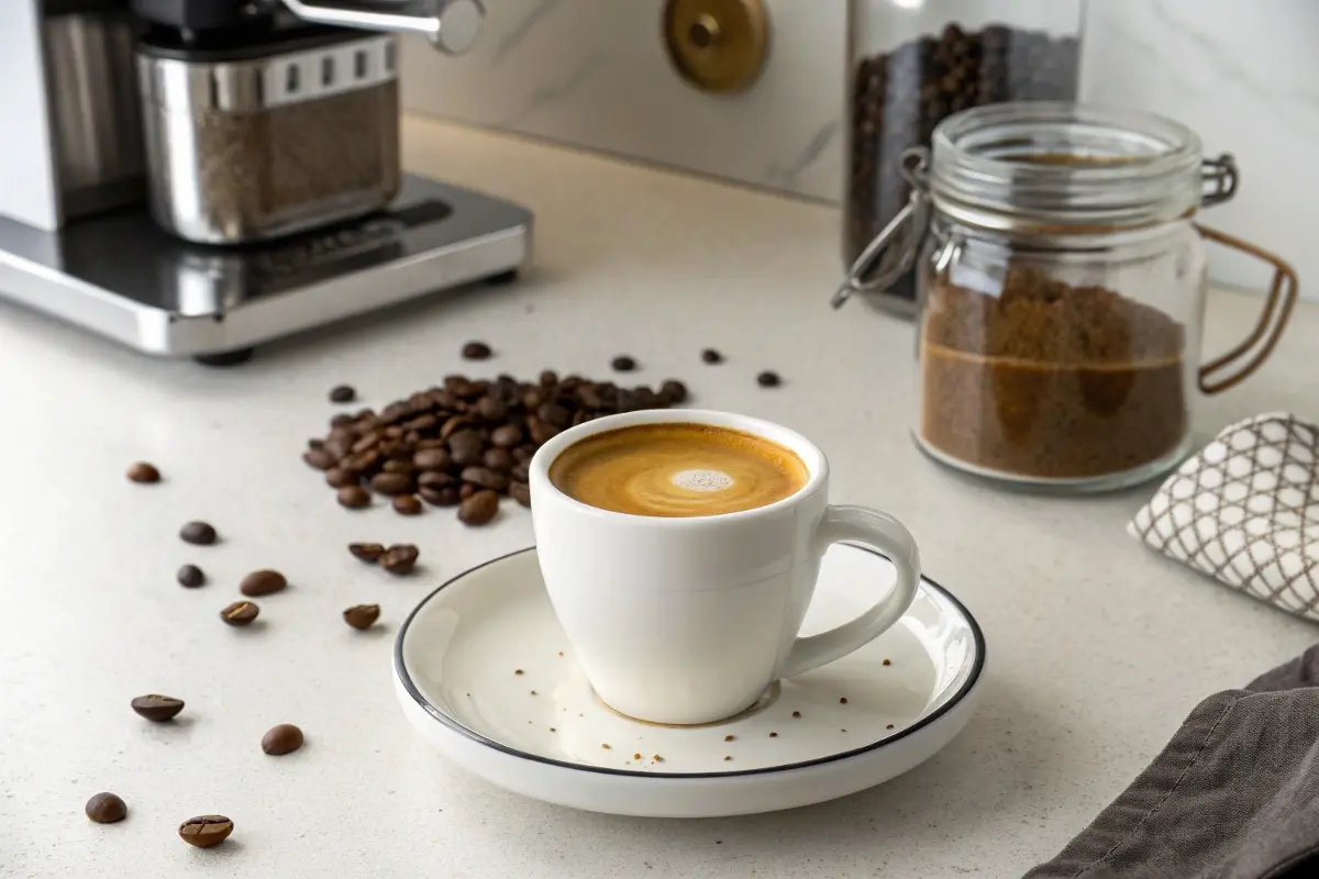 A freshly brewed cortado coffee served in a white ceramic cup with a saucer, placed on a clean countertop surrounded by coffee beans, a jar of ground coffee, and an espresso machine in the background.