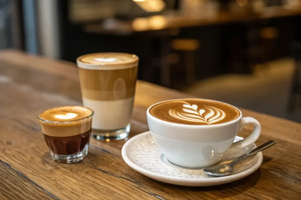 A cortado coffee served alongside a flat white and a latte, each presented in elegant cups and glasses on a rustic wooden table, demonstrating the differences between popular coffee styles.