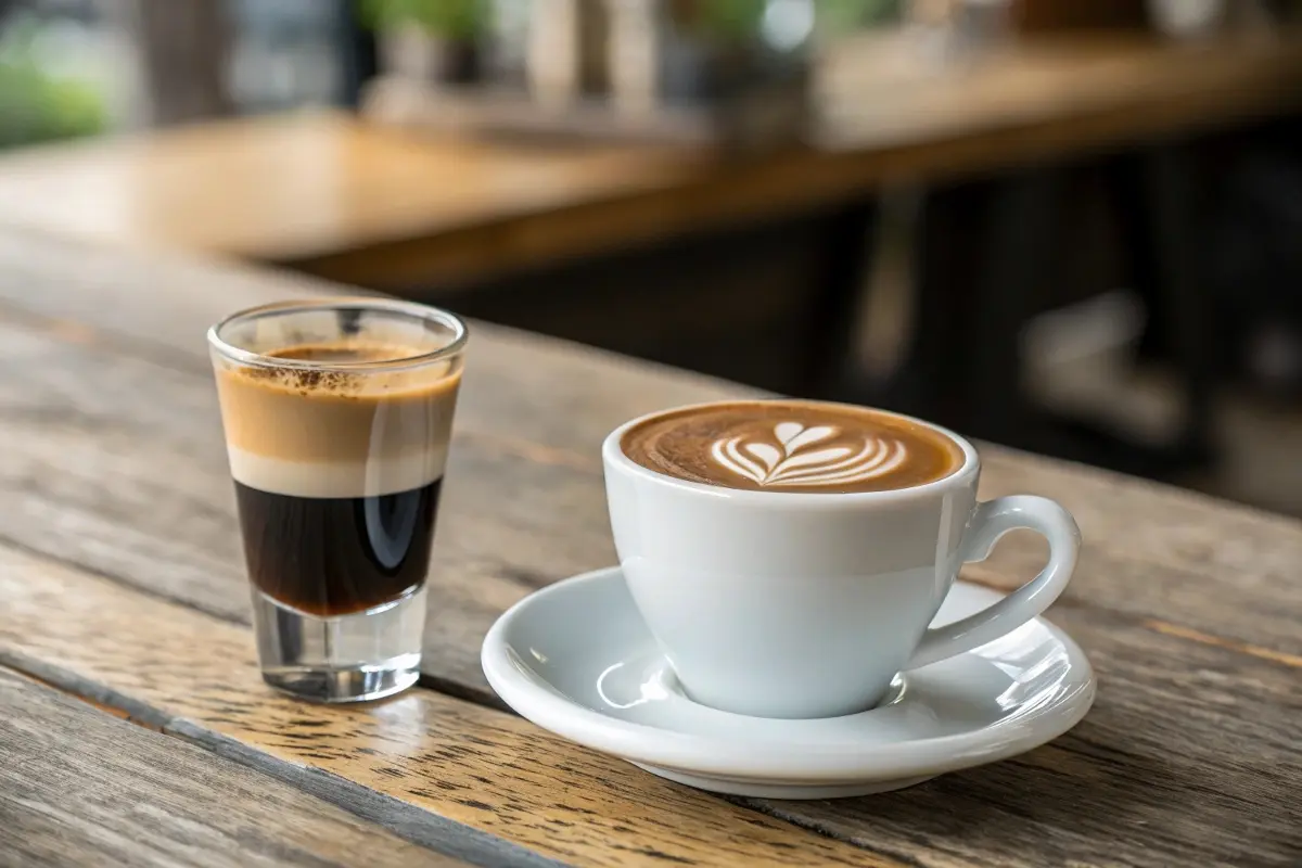 A cortado served in a small glass alongside a flat white in a white ceramic cup, placed on a rustic wooden table, showcasing the visual and textural differences between these coffee beverages.