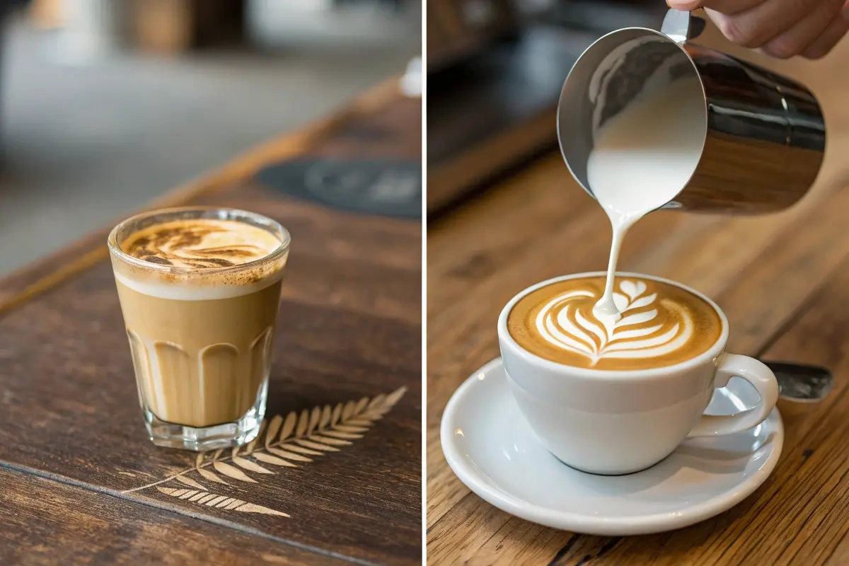 Side-by-side comparison of a cortado served in a glass and a latte with intricate latte art being poured into a white cup, showcasing the key differences in presentation and preparation.