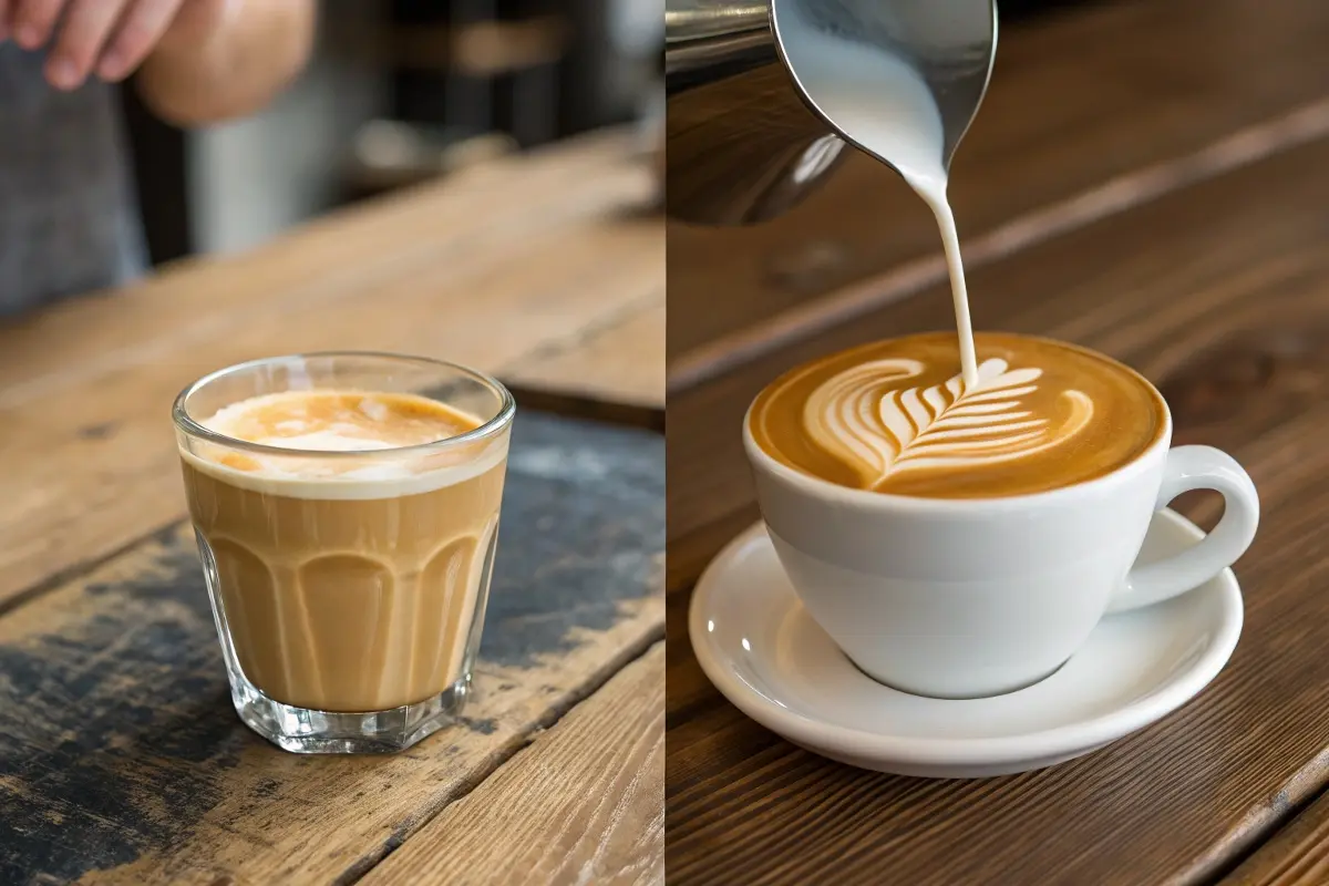 Side-by-side comparison of a cortado served in a clear glass and a latte with intricate latte art being poured into a white ceramic cup, illustrating their differences in preparation and presentation.