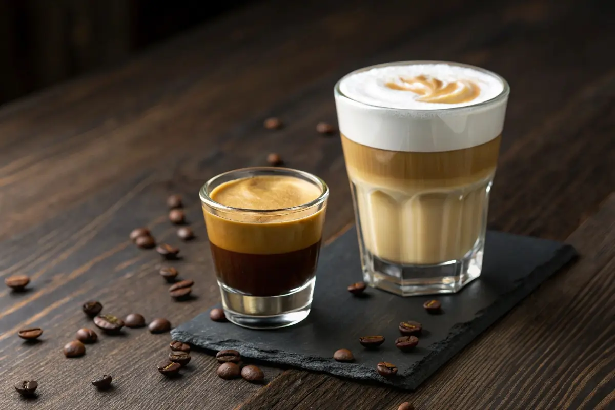 A cortado and a macchiato served side by side on a slate board with scattered coffee beans, showcasing the differences in milk-to-espresso ratios and presentation.