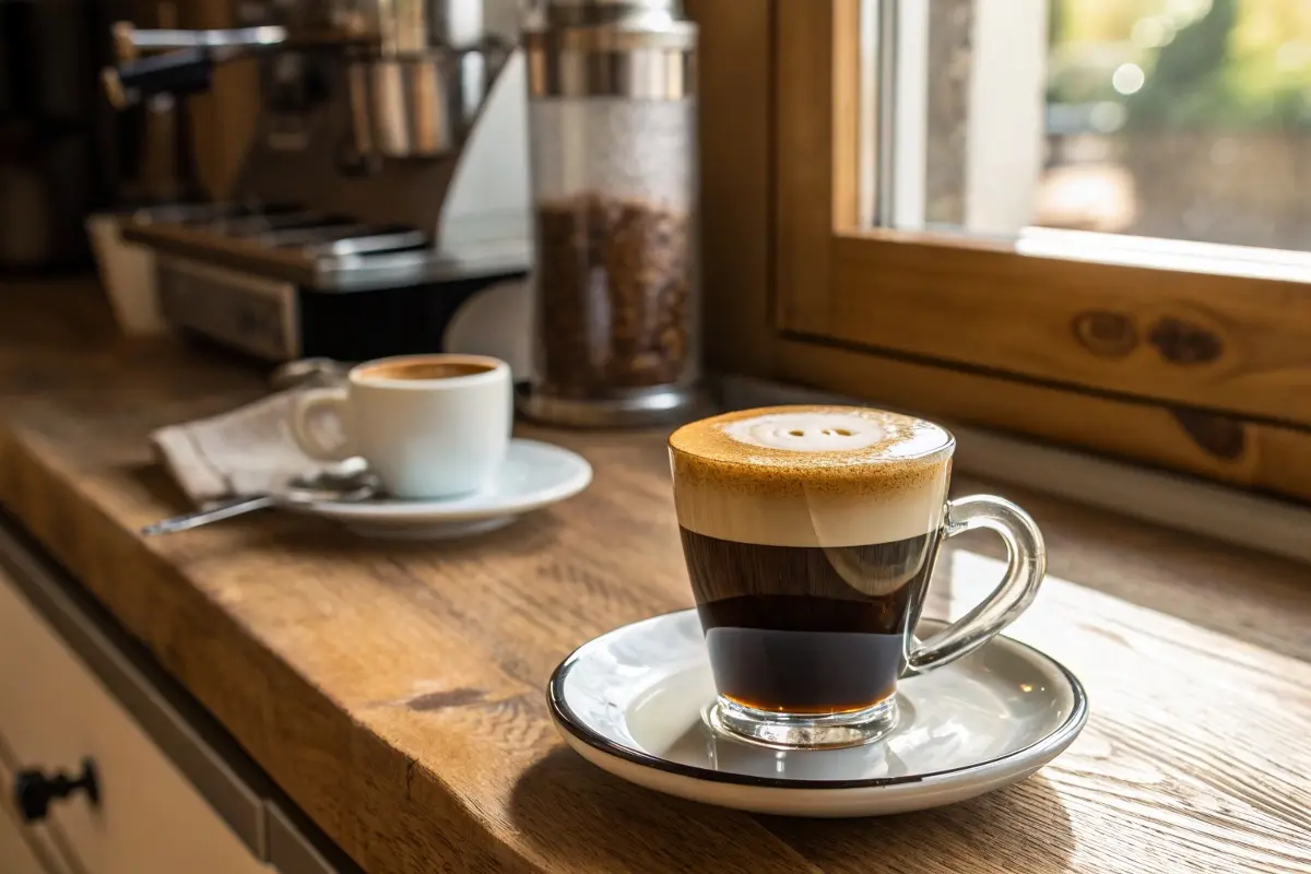 A freshly prepared cortado served in a glass cup with a rich layer of foam, placed on a wooden countertop near a window with natural lighting. A small espresso cup sits in the background alongside a coffee machine and jar of coffee beans.