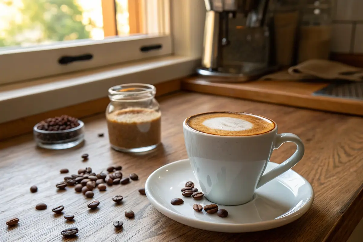 A cortado served in a white ceramic cup on a wooden countertop, accompanied by scattered coffee beans and jars of brown sugar and coffee beans, near a sunny window.