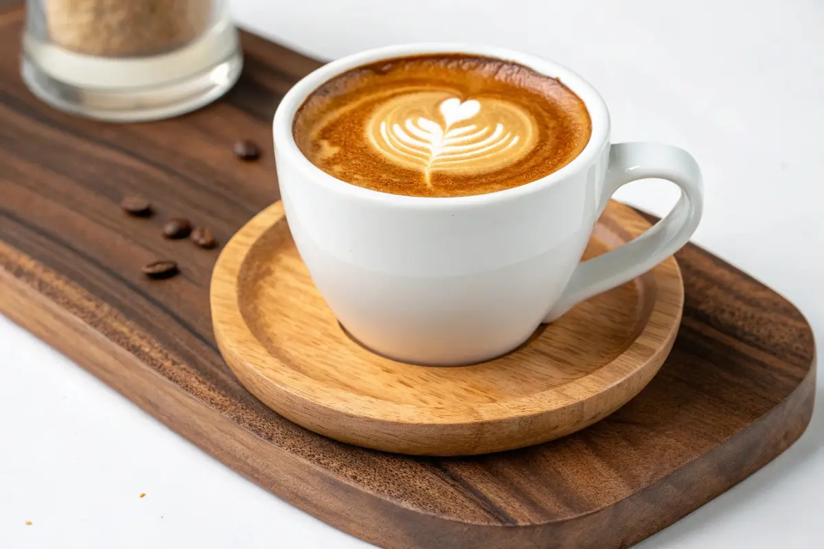 A cup of cortado coffee with beautiful latte art, served on a wooden tray with a rustic aesthetic, accompanied by scattered coffee beans and a jar of sugar in the background.