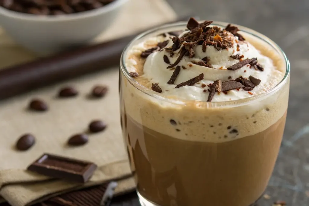 A glass of cortado coffee topped with whipped cream and garnished with chocolate shavings, placed on a rustic surface with scattered coffee beans and chocolate pieces nearby.