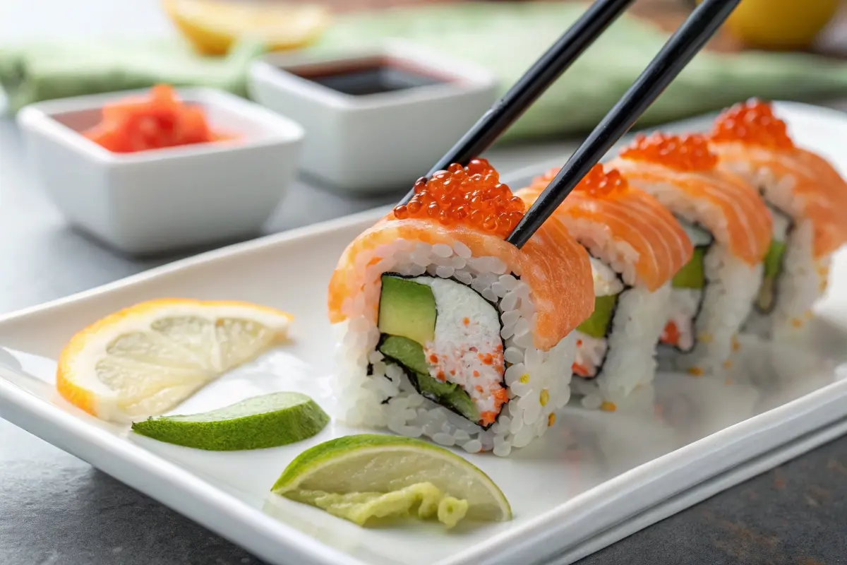 Close-up of an Alaska Roll sushi piece being held with chopsticks, showcasing fresh salmon, avocado, and fish roe topping, served with lemon slices and wasabi.