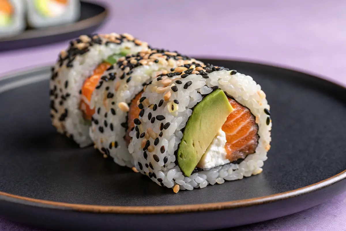 A close-up of a New York Roll sushi piece featuring fresh salmon, avocado, and cream cheese, topped with sesame seeds on a black plate.