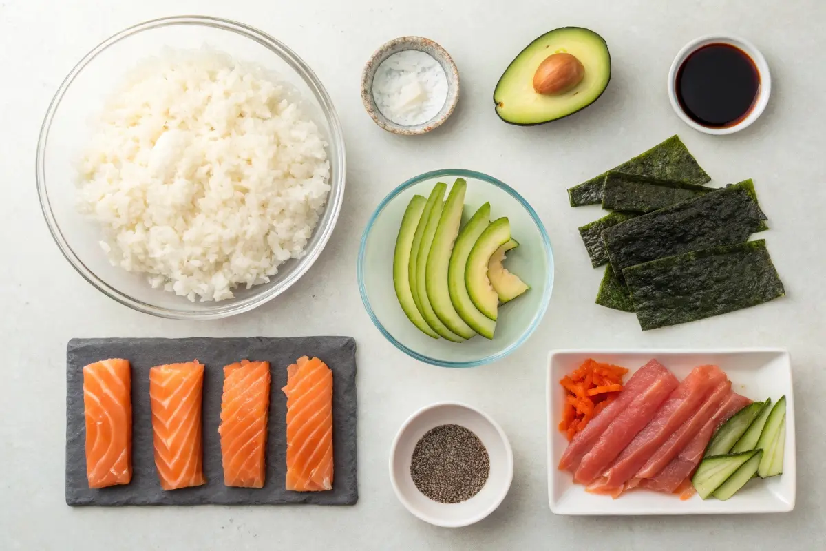 A flat-lay of Alaska roll ingredients, including sushi rice, salmon, tuna, avocado, nori, cucumber, sesame seeds, and soy sauce, arranged neatly on a light surface.