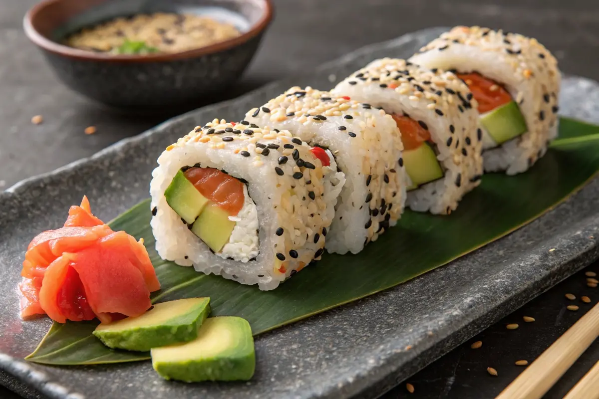 A close-up of four New York Roll sushi pieces featuring salmon, avocado, and cream cheese, coated in sesame seeds, garnished with pickled ginger and avocado slices.