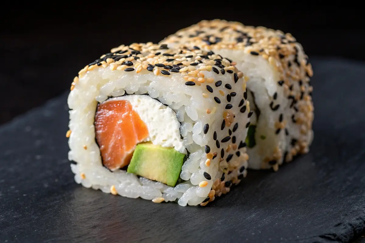 A close-up image of a New York Roll sushi slice featuring fresh salmon, avocado, and cream cheese, coated in sesame seeds and placed on a dark plate.