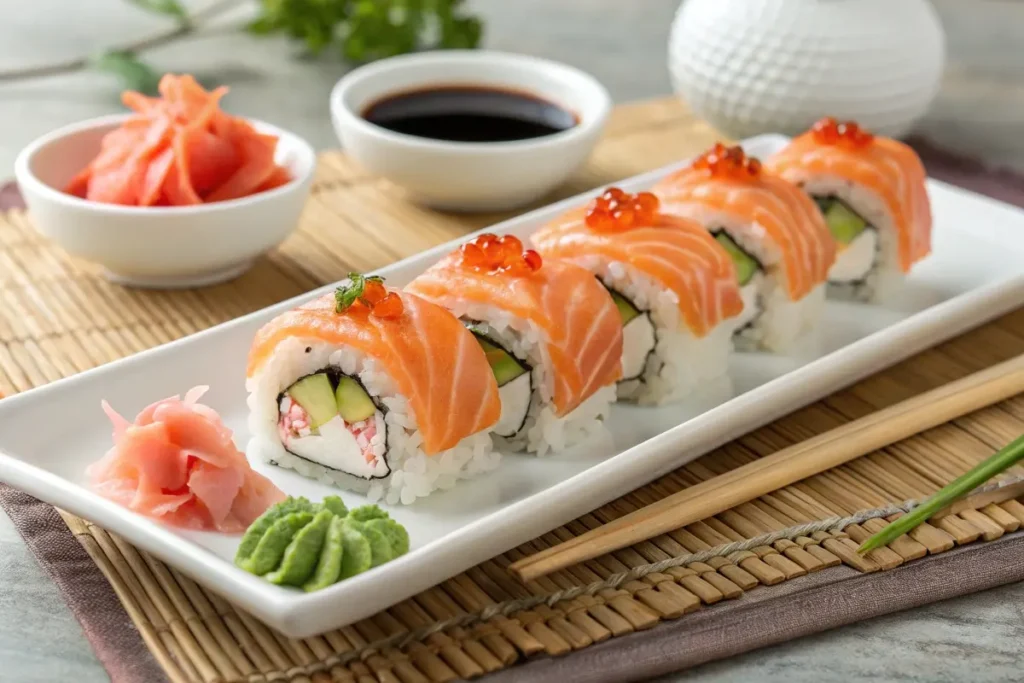 A beautifully plated Alaska roll topped with fresh salmon and fish roe, served with wasabi, pickled ginger, and soy sauce on a bamboo mat.