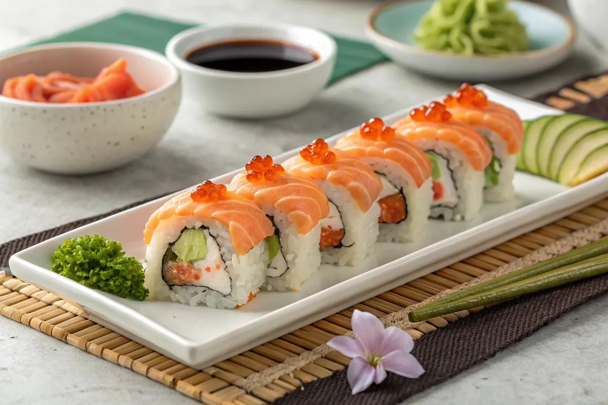 A plate of freshly prepared Alaska rolls topped with salmon and fish roe, served with cucumber slices, soy sauce, pickled ginger, and wasabi on a bamboo mat.