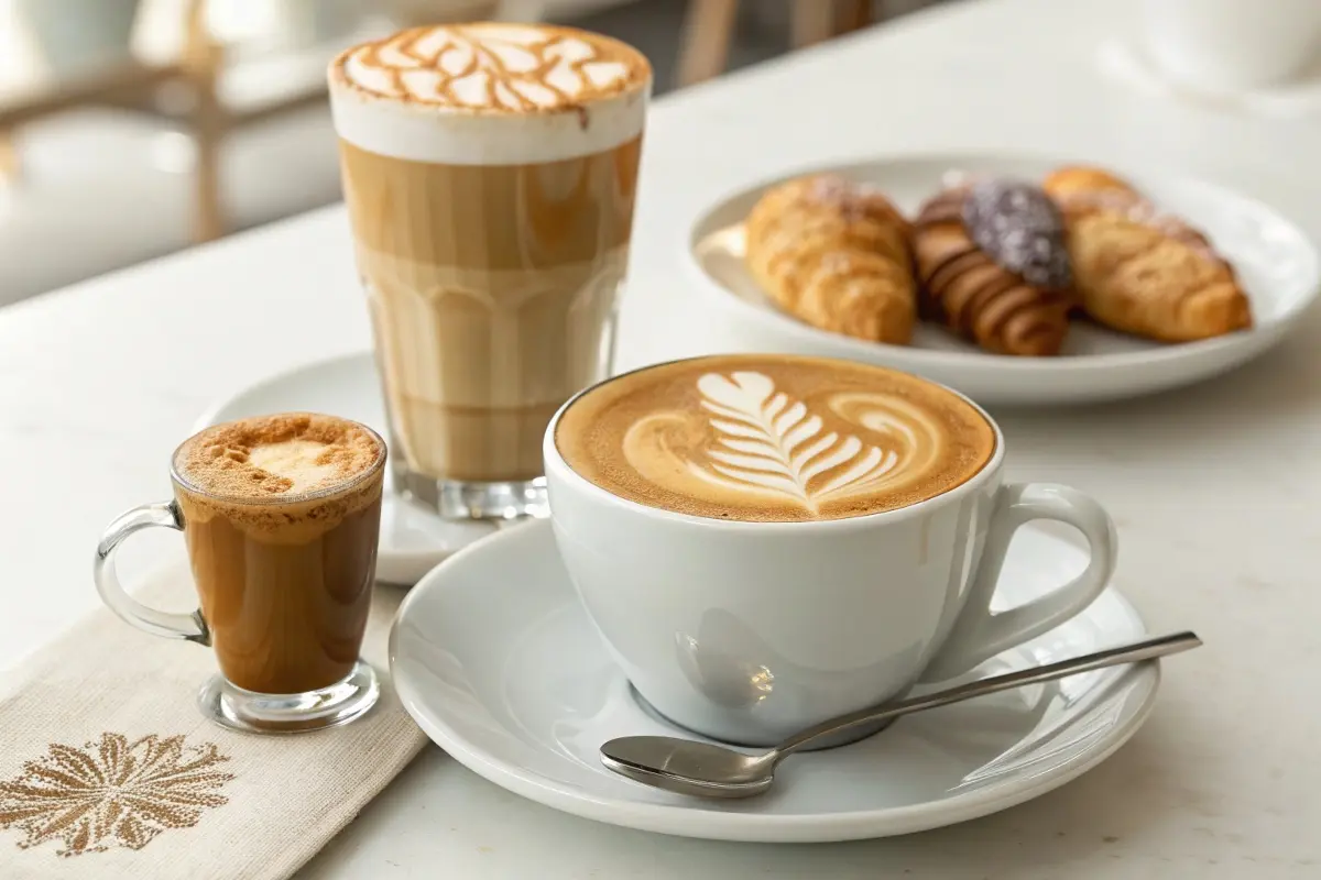 A cortado, a latte, and a flat white served side by side on a white table with a plate of croissants in the background, showcasing the variety in coffee presentations and styles.